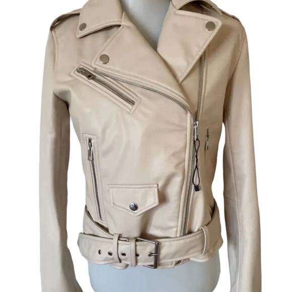 Zara Cream-Faux Leather Moto Biker Jacket NWT Women's Size Large - Picture 3 of 5